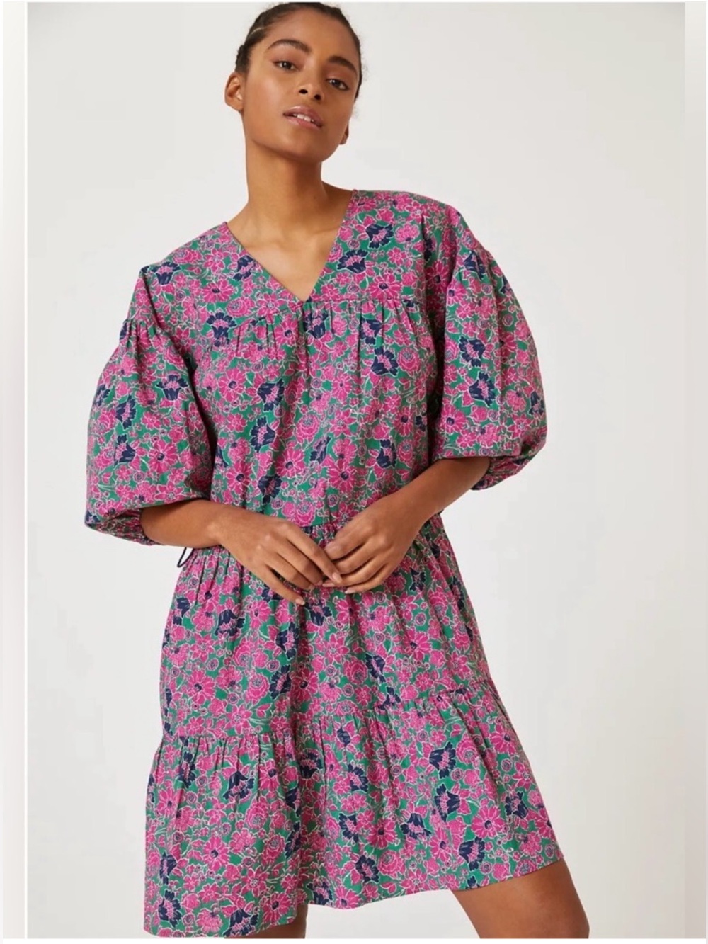 Anthropologie Sundry Ditsy Floral Puff Sleeve Tiered Mini Dress Size 1 (Small)
